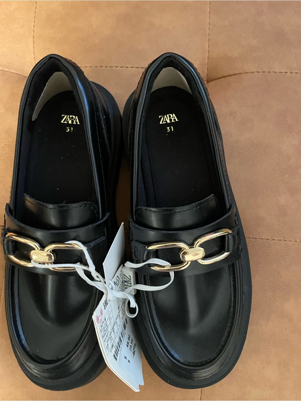Zara Little Girls Black Loafers with Gold Chain Detail